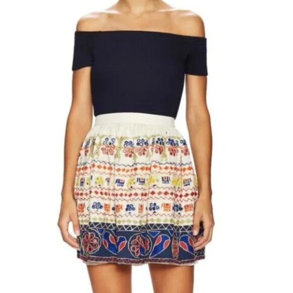 Alice + Olivia Tania Embroidered Multipattern Mini Skirt Cream/Blue Size 2 NWT